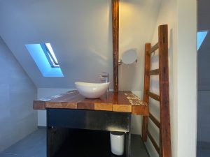Private bathroom with a sink, access to the shower and dayligh window