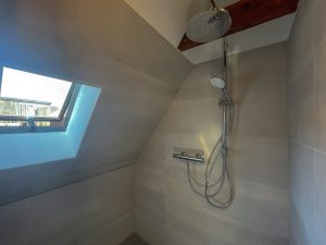 Private bathroom with a shower and two showerheads, as well as a daylight window