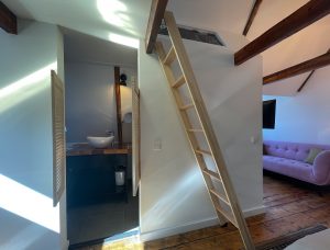 Ladder to loft bed, door to private bathroom, sofa and TV in the background